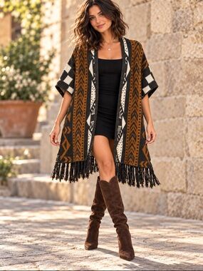 JustFab Small Southwestern Geometric Fringe Poncho Cardigan Boho Knit Wrap
